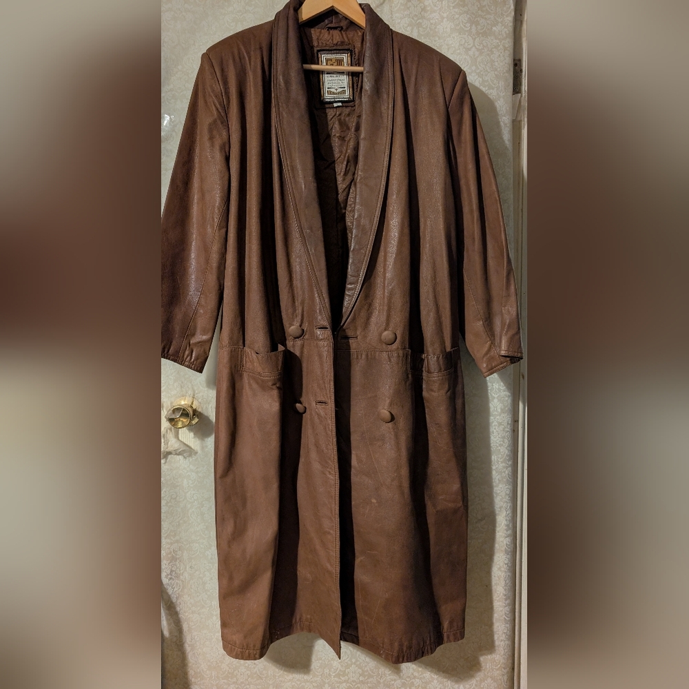 G111 Vintage Brown Leather Trench Coat 80s - Picture 7 of 16